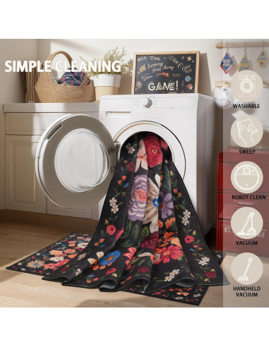 Alfombra de Entrada Lavable Babovid 2x3 Negra Floral Antideslizante