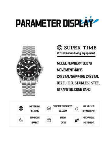 Reloj de Buceo Automático TOPHILL TD007 300m Negro