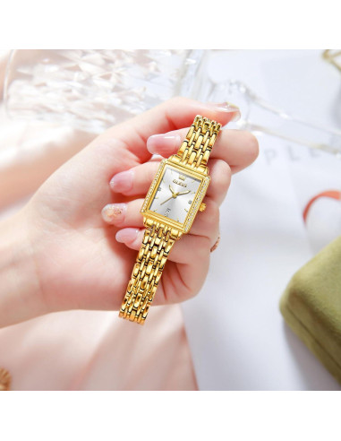 Reloj Cuadrado OLEVS para Mujeres, Pulsera Dorada, 23mm