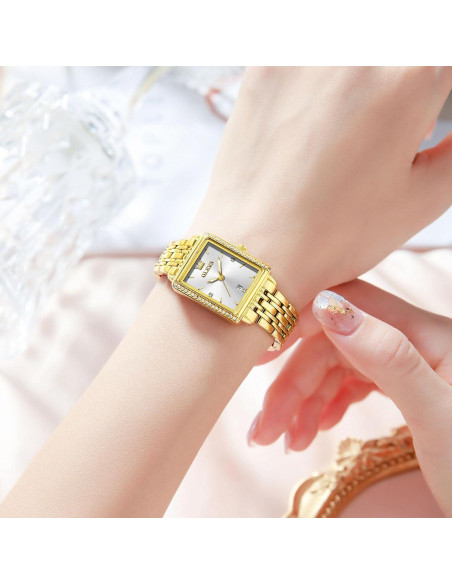 Reloj Cuadrado OLEVS para Mujeres, Pulsera Dorada, 23mm