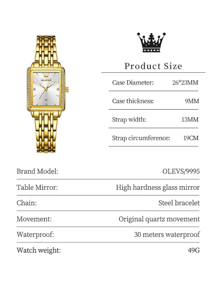 Reloj Cuadrado OLEVS para Mujeres, Pulsera Dorada, 23mm