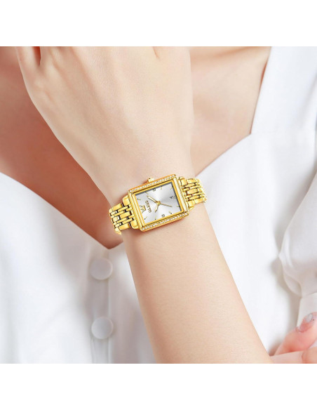 Reloj Cuadrado OLEVS para Mujeres, Pulsera Dorada, 23mm