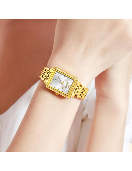 Reloj Cuadrado OLEVS para Mujeres, Pulsera Dorada, 23mm