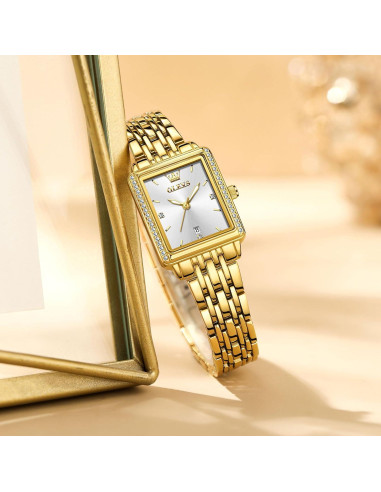 Reloj Cuadrado OLEVS para Mujeres, Pulsera Dorada, 23mm