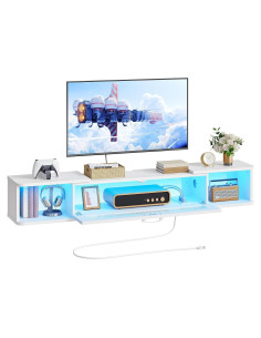 Soporte de TV Flotante HOOBRO Blanco con Luz LED y 3 Tomas