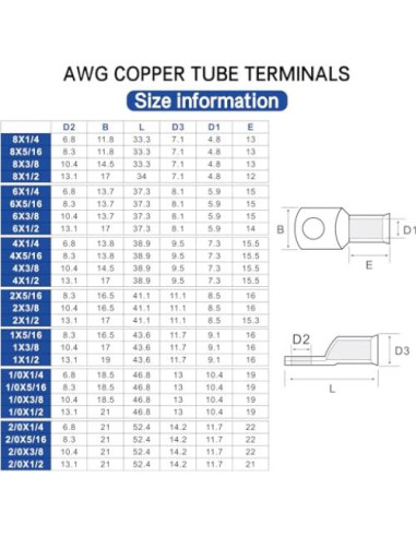 Conectores de Batería XHF 10pcs 2 AWG-3/8 Cobre con Termocontraíble