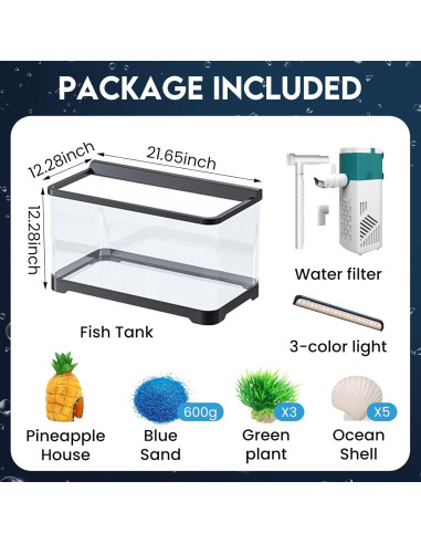 Kit de Acuario LED Tuhaoking 53L con Luz, Filtro y Decoración