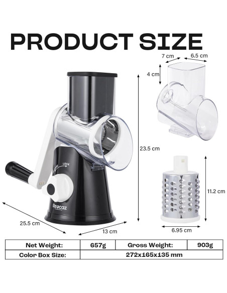 Rallador de Queso Rotatorio Reecaz con Manivela y Base de Succión