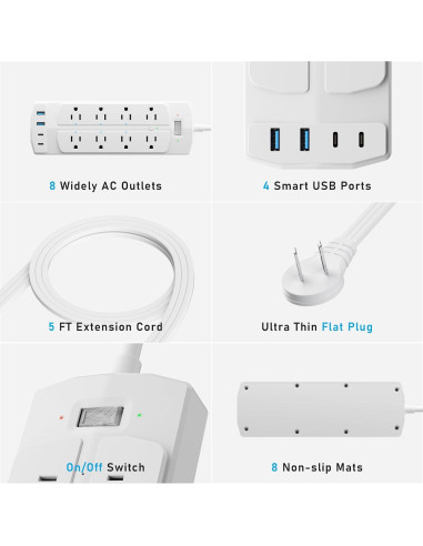 Regleta de Enchufes Inteligente Yozisital 2 Clavijas 8 Enchufes 4 USB