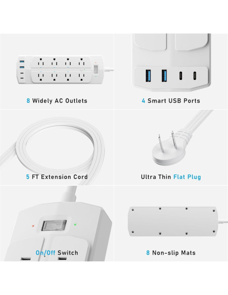 Regleta de Enchufes Inteligente Yozisital 2 Clavijas 8 Enchufes 4 USB