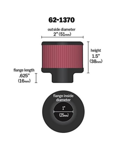 Filtro de Aire K&N 62-1370 Lavable Alto Rendimiento 3.81x2.54cm