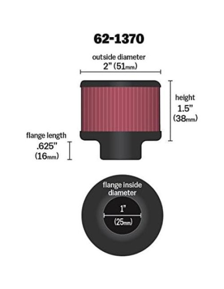Filtro de Aire K&N 62-1370 Lavable Alto Rendimiento 3.81x2.54cm
