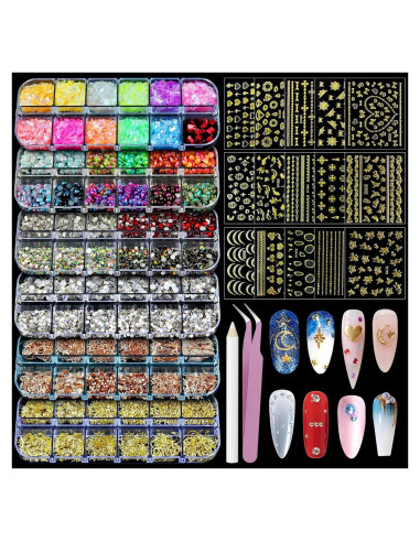 Kit de Studs para Uñas Artdone - 6 Cajas Multicolor y 15 Hojas de Pegatinas Doradas