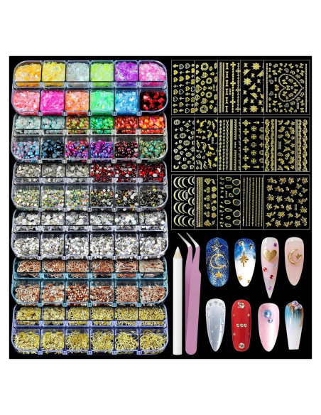 Kit de Studs para Uñas Artdone - 6 Cajas Multicolor y 15 Hojas de Pegatinas Doradas