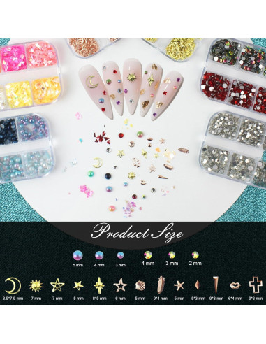 Kit de Studs para Uñas Artdone - 6 Cajas Multicolor y 15 Hojas de Pegatinas Doradas