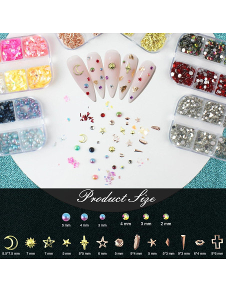 Kit de Studs para Uñas Artdone - 6 Cajas Multicolor y 15 Hojas de Pegatinas Doradas