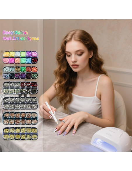 Kit de Studs para Uñas Artdone - 6 Cajas Multicolor y 15 Hojas de Pegatinas Doradas