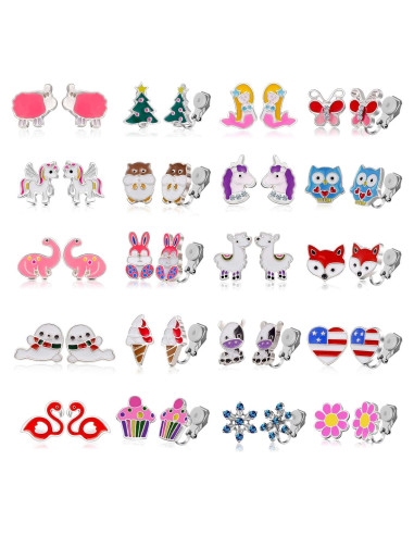 20 Pares de Pendientes de Clip para Niños - Animales Lindos