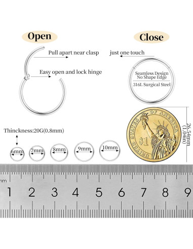 10 Piezas Aros Nasales Hipoalergénicos Acero Quirúrgico 6-10mm
