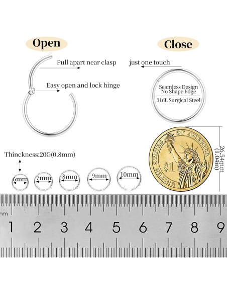 10 Piezas Aros Nasales Hipoalergénicos Acero Quirúrgico 6-10mm