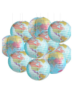10 Linternas de Papel Mapa Mundial 25.4 cm Decoración Fiesta