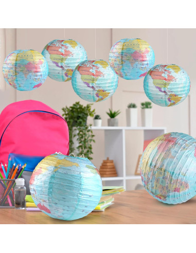 10 Linternas de Papel Mapa Mundial 25.4 cm Decoración Fiesta