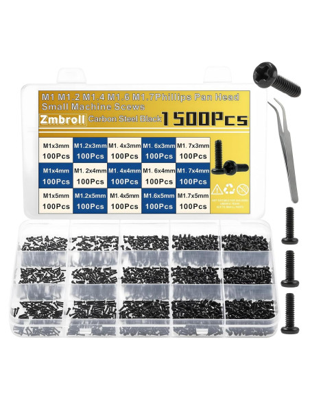 1500 Tornillos Micro M1/M1.2/M1.4/M1.6/M1.7 Acero Carbono