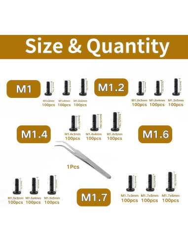 1500 Tornillos Micro M1/M1.2/M1.4/M1.6/M1.7 Acero Carbono