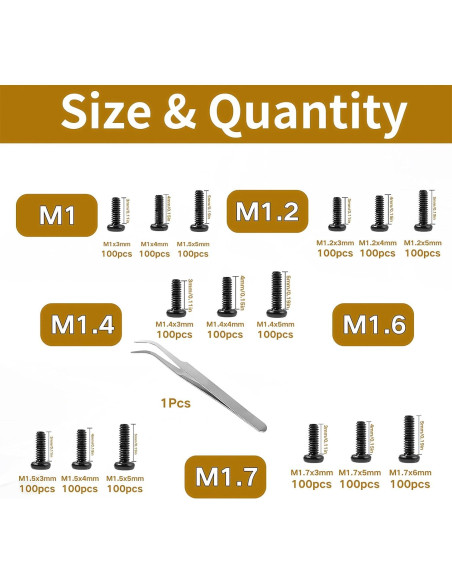 1500 Tornillos Micro M1/M1.2/M1.4/M1.6/M1.7 Acero Carbono