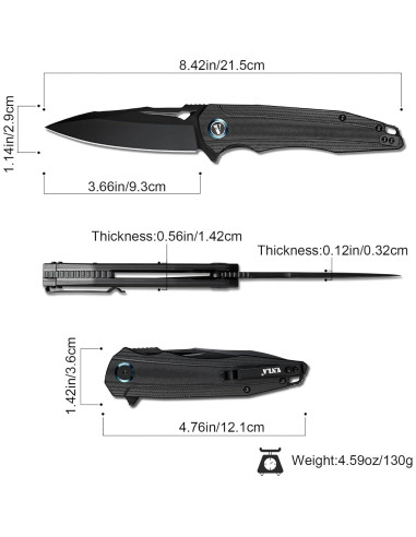 Cuchillo Plegable VNLA EDC Sandvik 14C28N Hoja Negra 93mm