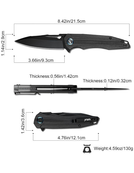 Cuchillo Plegable VNLA EDC Sandvik 14C28N Hoja Negra 93mm