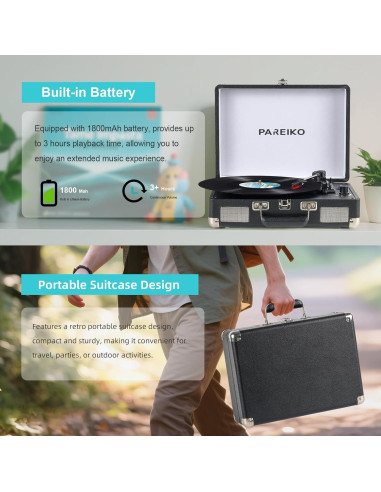 Reproductor de Vinilo PAREIKO T316 Bluetooth 3 Velocidades
