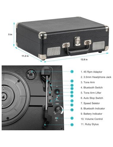 Reproductor de Vinilo PAREIKO T316 Bluetooth 3 Velocidades