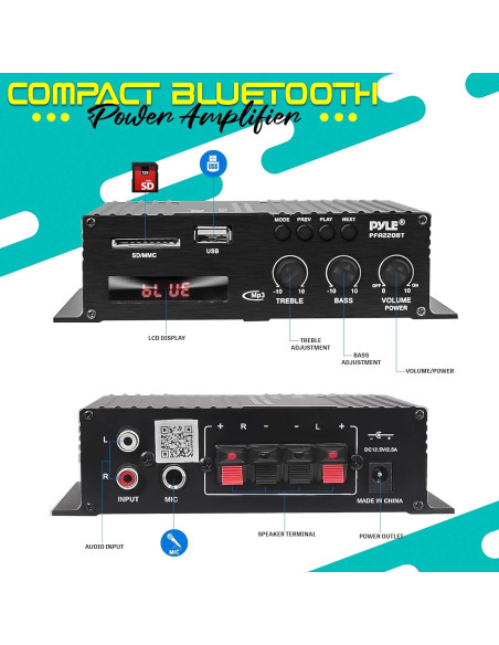 Amplificador de Audio Bluetooth Pyle PFA220BT 120W Doble Canal