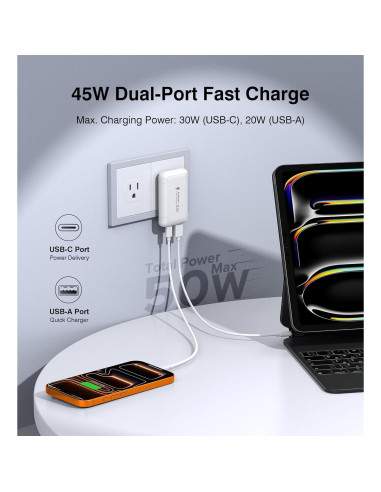 Cargador de pared USB C 50W Qwinjwin 2 Puertos Carga Rápida