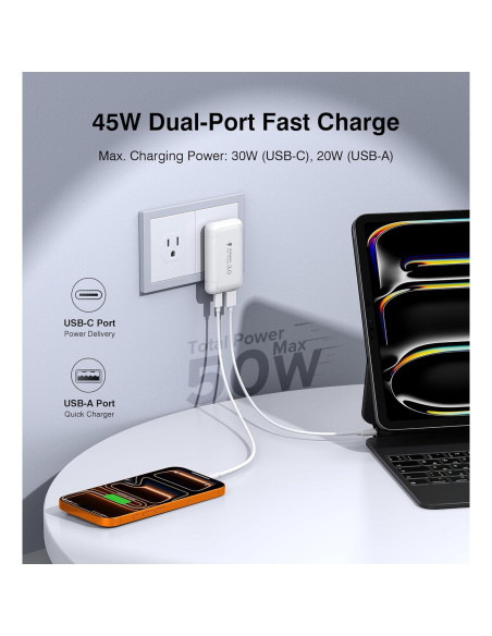 Cargador de pared USB C 50W Qwinjwin 2 Puertos Carga Rápida