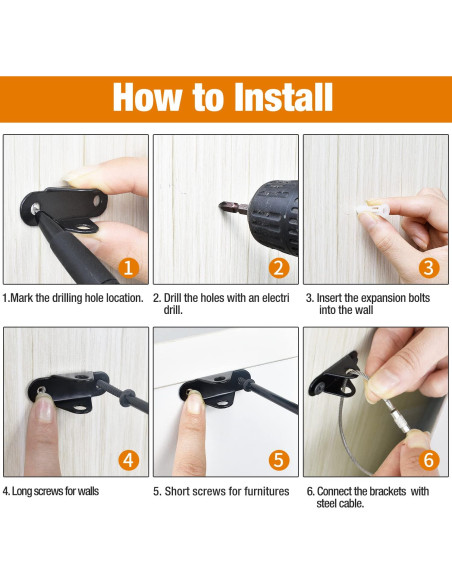 Anclajes Antivuelco para Muebles Negro - 10 Paquetes de Seguridad