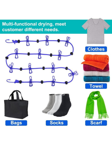 Cuerda de Ropa Portátil AIKESIWAY 1.8m Ajustable con 12 Clips