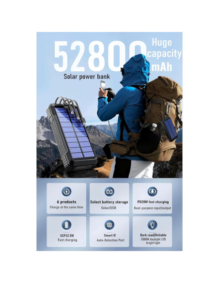 Banco de Energía Solar DJKK 52800mAh Cargador Inalámbrico 22.5W