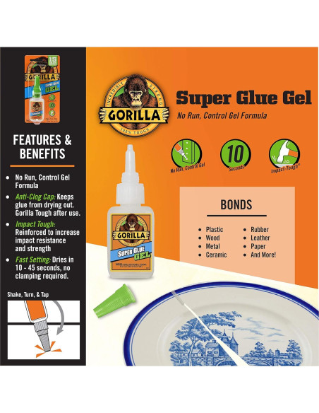 Gorilla Super Glue Gel 15g - Paquete de 2, Secado Rápido