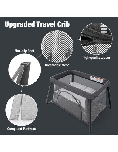 Cuna de viaje portátil Sporary gris oscuro 96x76cm liviana