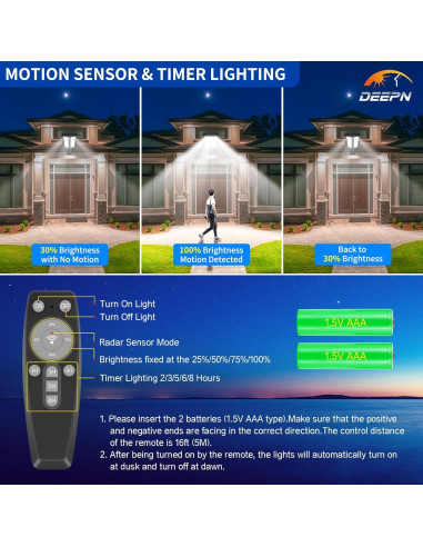 Luces Solares Deepn para Exteriores IP66 con Sensor y Control Remoto