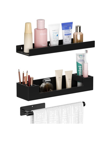 Estantes de baño HIIMIEI flotantes negros con soporte para toallas