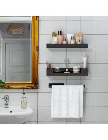 Estantes de baño HIIMIEI flotantes negros con soporte para toallas