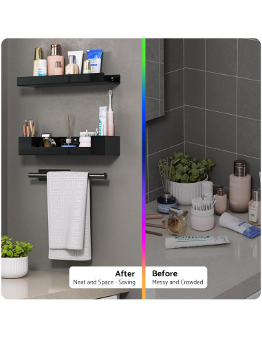 Estantes de baño HIIMIEI flotantes negros con soporte para toallas