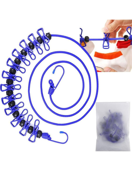 Cuerda de Ropa Portátil AIKESIWAY 1.8m Ajustable con 12 Clips