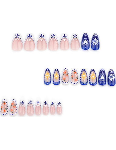 Uñas Falsas de Almendra Brillantes FIEONCIY con Diseño Floral