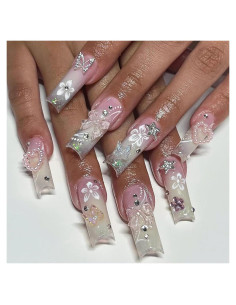 Uñas Postizas Francesas RTKHFZE Largas Cuadradas 24 Pcs Rosa Blanco