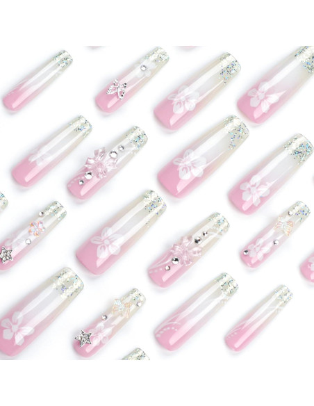 Uñas Postizas Francesas RTKHFZE Largas Cuadradas 24 Pcs Rosa Blanco