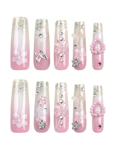 Uñas Postizas Francesas RTKHFZE Largas Cuadradas 24 Pcs Rosa Blanco